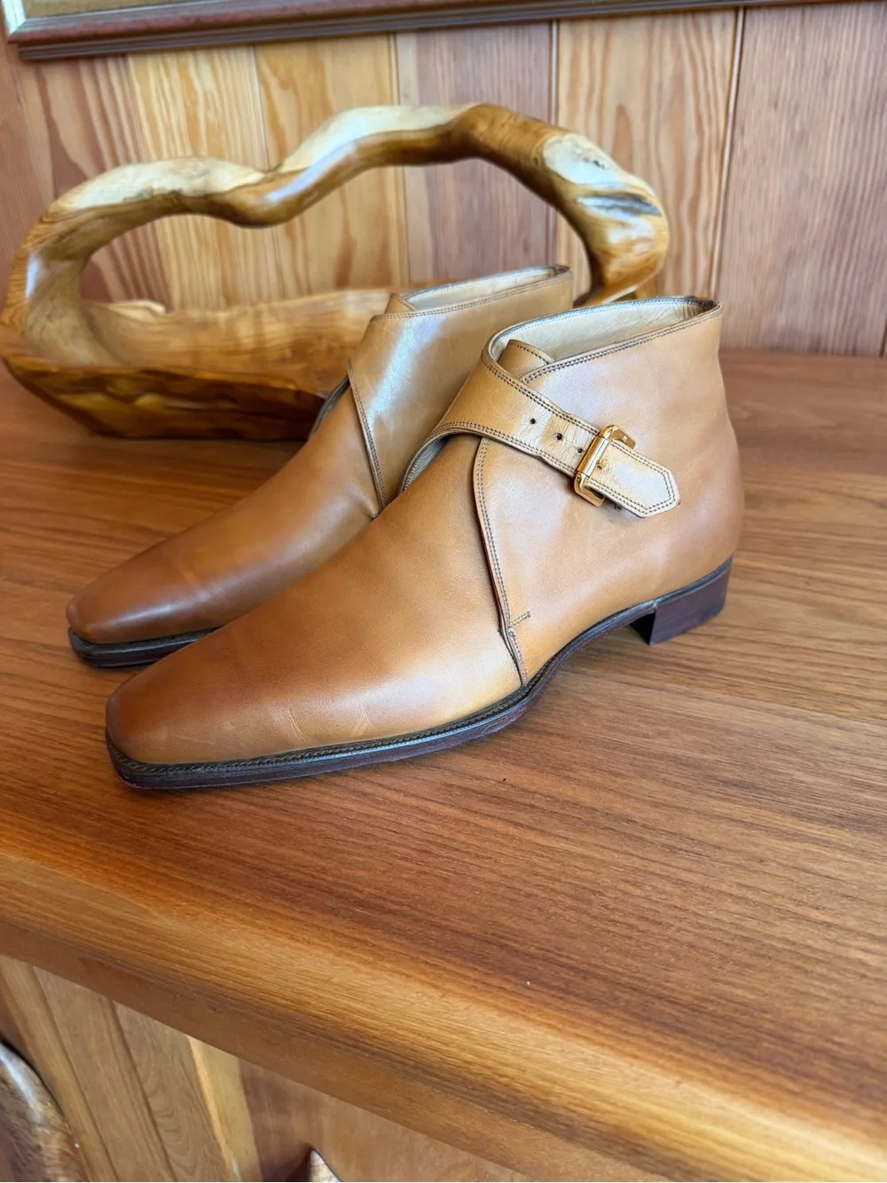Ralph Lauren Purple Label Tan Leather Chukka Boots with Buckle